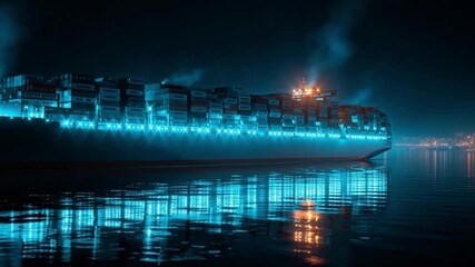 Container ship illuminated night with vibrant blue lights reflecting water, symbolizing cross border investment, global trade, and shipping dynamic
