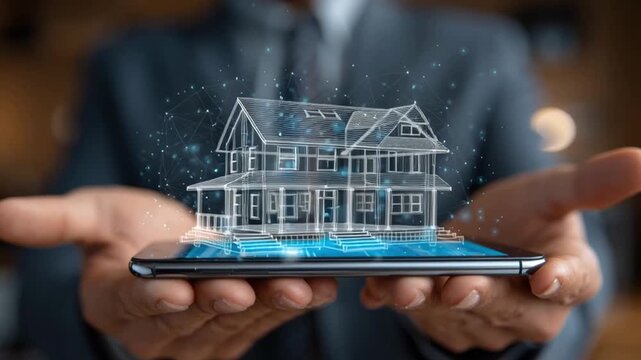 Digital mortgage process concept with holographic house above smartphone business setting, showcasing modern technology, innovation, trust