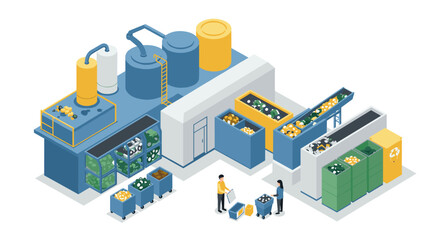 Obraz premium Isometric waste management facility with recycling and sorting bins