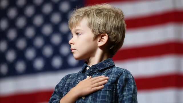 A young boy stands proudly, hand over heart, as he honors the national anthem at a gathering