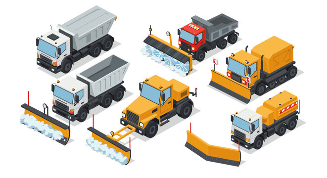 Fototapeta Isometric snowplow trucks collection for winter road maintenance and transportation