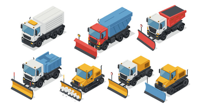 Fototapeta Isometric snowplow trucks and construction vehicles for winter road clearing