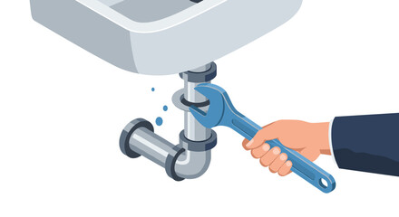 Isometric repair scene fixing a sink pipe with wrench tools and leaky pipe