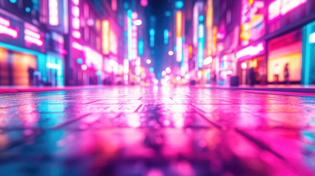 Vibrant cyberpunk city street illuminated by neon lights, ing on wet pavement. is electric and dynamic, lively urban environment