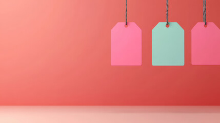 Colorful tags hang against vibrant coral background, creating playful and dynamic visual. pink and green tags add cheerful touch to scene, perfect for promotions