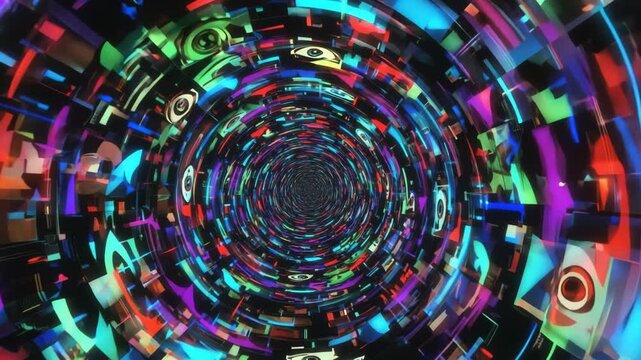 Abstract tunnel with colorful geometric shapes and eye illustrations in a swirling pattern design