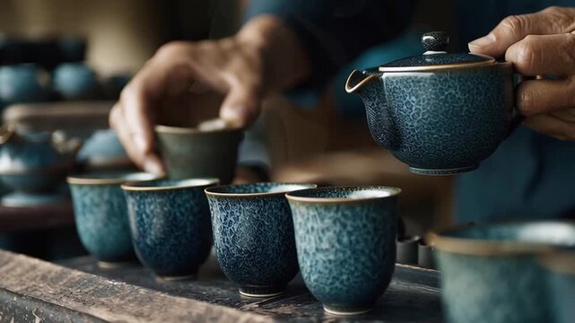 Pouring tea into ceramic cup with intricate pattern, hand showing mindfulness and focus in traditional tea ceremony for sports psychology training