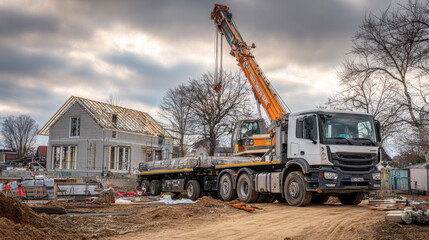 Heavy materials unloaded from a truck crane at a house construction site