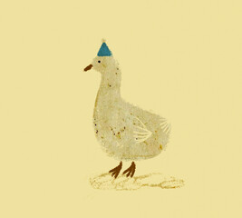 Vintage textured illustration of goose with blue party hat on beige background