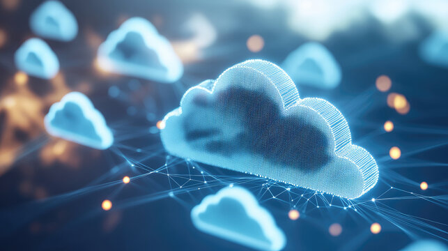 Digital cloud technology with interconnected networks and glowing nodes, representing data transfer and storage solutions