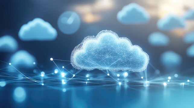 Digital cloud interface with interconnected nodes and glowing lines, symbolizing data transfer and technology. image evokes sense of innovation and connectivity
