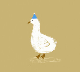 Minimal goose illustration with blue hat on brown background