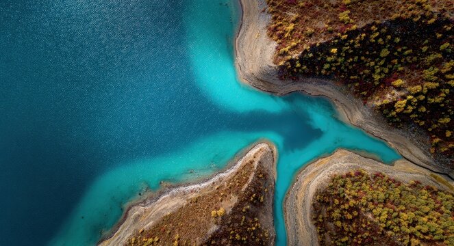 Aerial View of Haba Lake Contrasting Blue Waters and Brown Timberland in Tibet's Natural Landscape