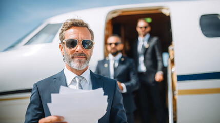 Man with sunglasses holding documents beside open aircraft door, with flight crew behind