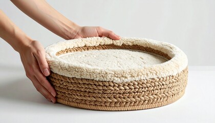 Hands holding round knitted pet bed made of thick cream yarn with tufted cushion