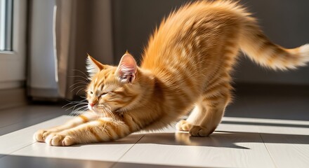 Cute Orange Tabby Kitten Stretching in Bright Sunlight on Wooden Floor