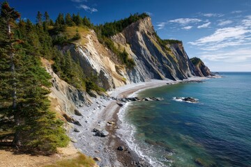 Fototapeta premium Breathtaking View of Forillon National Park's Scenic Coastline near Cap-Aux-Os, Showcasing Sandstone Hills and Lush Conifers in Quebec's Gaspe Peninsula