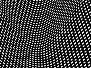 Vector illustration of wavy black and white square pattern with a grid distortion effect that creates a dynamic optical illusion in op art style.