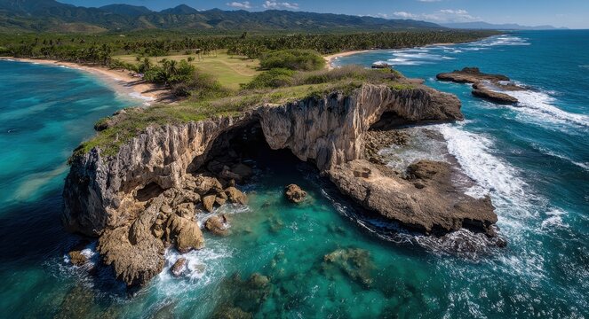 Bird's Eye Perspective of Cueva Del Indio: Coastal Rock Formation Surrounded by Pristine Waters and Vibrant Blue Sky, Hatillo, Puerto Rico