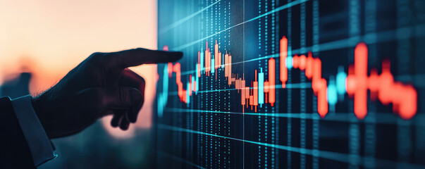 business professional analyzing stock market data on digital screen, financial trends and market fluctuations. image captures essence of investment and economic analysis