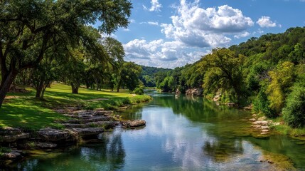 Vibrant Zilker Park in Austin, Texas: A Summer Landscape with Serene River, Lush Greenery, and Expansive Sky