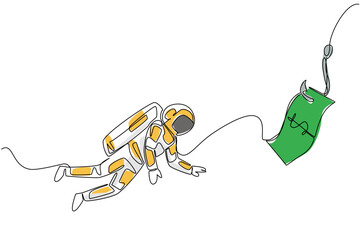 Single continuous line drawing astronaut dives and chases a hook attached to a dollar bill. Diving for false profits. Trap. National Senior Fraud Awareness Day. One line design vector illustration