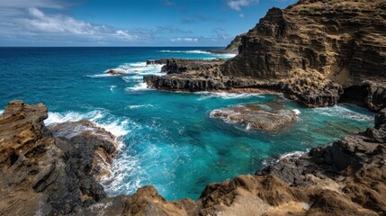 Fototapeta premium Spectacular Halona Blowhole: A Majestic Volcanic Landscape and Ocean View on Oahu, Hawaii