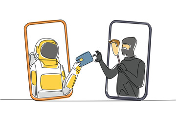 Single one line drawing astronaut emerges from smartphone and hands credit card to thief. Manipulating the victim. National Senior Fraud Awareness Day. Continuous line design graphic illustration