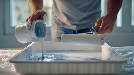 Painter pouring white paint into tray and preparing roller for use