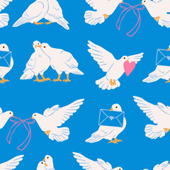 Various white Dove birds. Pigeons with ribbon, heart, envelope. Hand drawn Vector illustration. Valentine's Day, love, romance concept. Print, greeting, postcard template. Square seamless Pattern