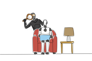 Single continuous line drawing robot sits on sofa holding laptop and masked thief uses a magnifier. Observe before breaking in. National Senior Fraud Awareness Day. One line design vector illustration