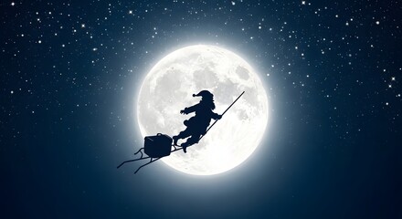 Naklejka premium Santa Claus silhouette soars across the night sky with a bright full moon backdrop and twinkling stars, bringing holiday magic and cheer to Christmas celebrations