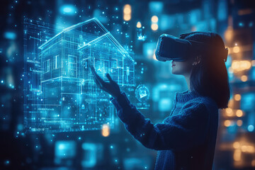woman wearing virtual reality headset interacts with holographic house design, advanced technology and innovation in architecture
