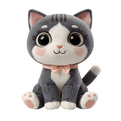 Buy cute plush cat toy online adorable stuffed animal kitten with big eyes and pink bow tie on transparent background