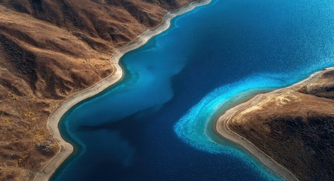 Stunning Aerial View of Blue Haba Lake Separating Brown Woodland in Tibet's Natural Landscape