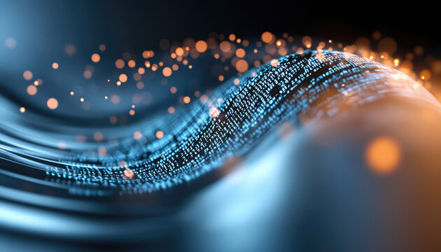 Digital abstract image featuring flowing lines and glowing particles, representing data and technology. vibrant blue and orange colors create dynamic visual experience - Powered by Adobe
