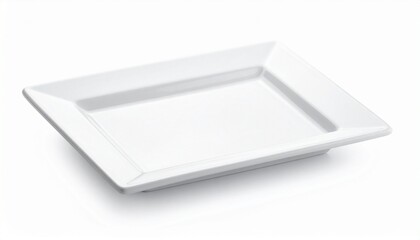 White rectangular ceramic plate with raised edges and glossy finish on plain white background