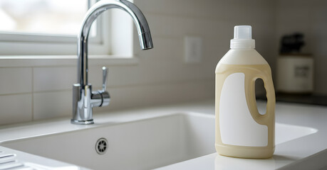 Eco-friendly detergent beside sink in modern kitchen  