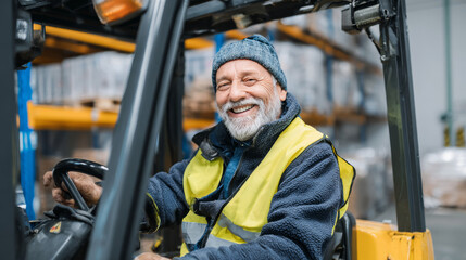Smiling forklift operator enjoying his role in logistics warehouse