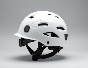 Fototapeta premium White safety helmet with ventilation holes, black straps, and padding on neutral background