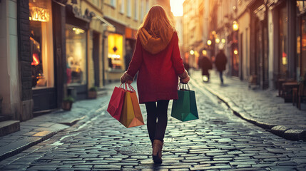 Elegant female shopper walking down cobblestone street, carrying colorful shopping bags. warm glow of sunset creates vibrant , enhancing shopping experience