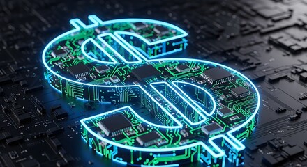 Digital circuit board shaped like a dollar sign, glowing in neon.