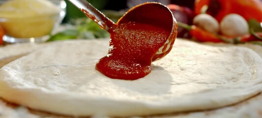 Close-up of a professional pizzaiolo pouring and spreading fresh tomato sauce onto raw pizza dough with a ladle, preparing a traditional italian margherita with ingredients in the background