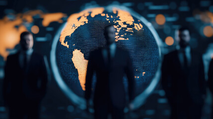 Business leaders stand in front of digital globe, symbolizing global connections and leadership in modern world. image conveys sense of authority and innovation