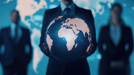 Global business leaders holding digital globe, symbolizing international collaboration and innovation. background features world map, emphasizing global connectivity