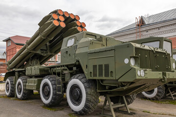Soviet and Russian multiple rocket launchers. Field jet complex. A combat vehicle mounted on a...