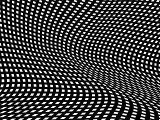Vector illustration of wavy black and white square pattern with a grid distortion effect that creates a dynamic optical illusion in op art style.