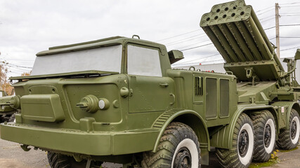 Soviet and Russian multiple rocket launchers. Field jet complex. A combat vehicle mounted on a...