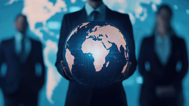 Global business leaders holding digital globe, symbolizing international collaboration and innovation. background features world map, emphasizing global connectivity - Powered by Adobe