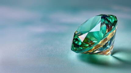Fototapeta premium Shiny faceted emerald gemstone placed on soft blue surface with sparkling reflections